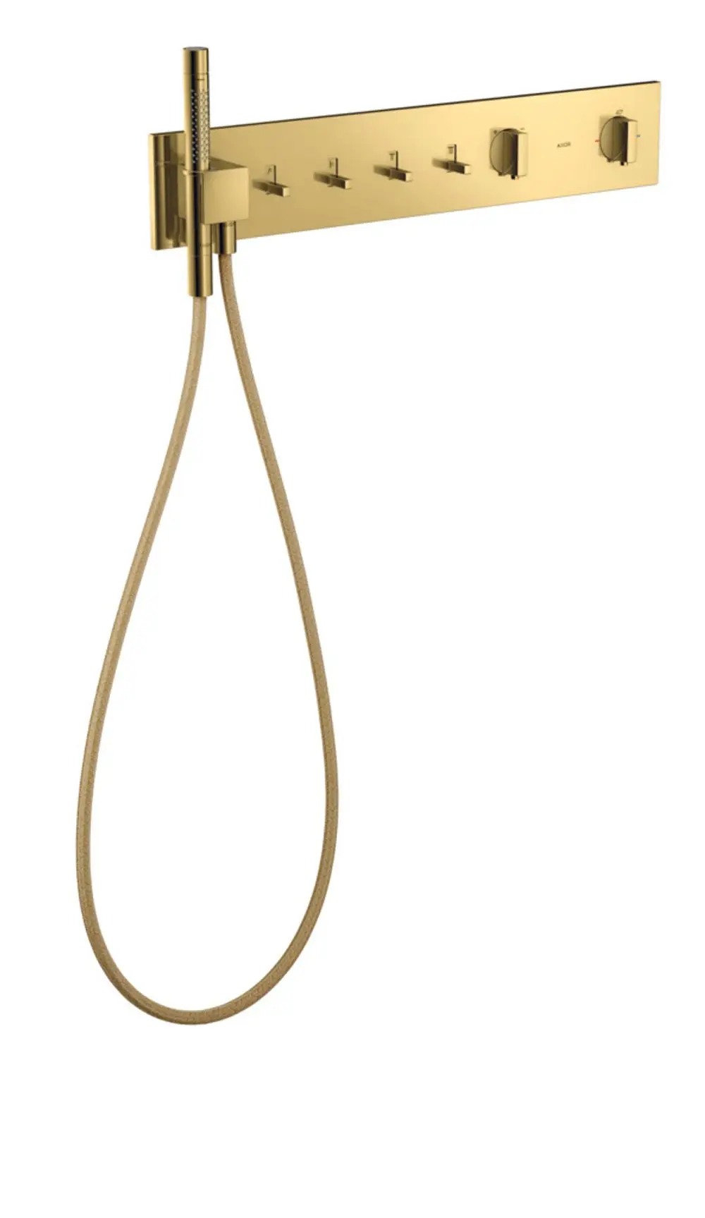 AXOR Thermostatmodul mit Anschluss für vier Wasserverbraucher, in gebürsteter Goldoptik. Enthält eine flexible Handbrause und verschiedene Bedienelemente.